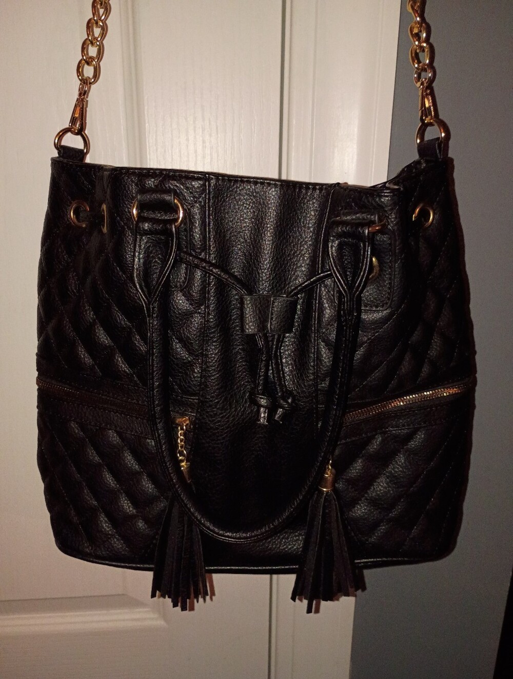 Black Quilted Shoulder Bag with Gold Chain Accent